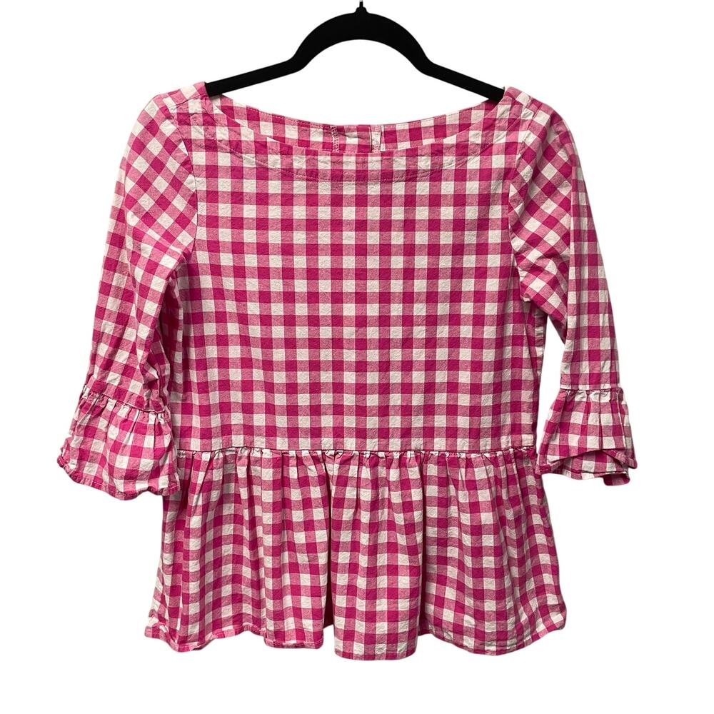Haley and the Hound 3/4 Sleeve Pink White Gingham Ruffle Peplum Top Womens XS